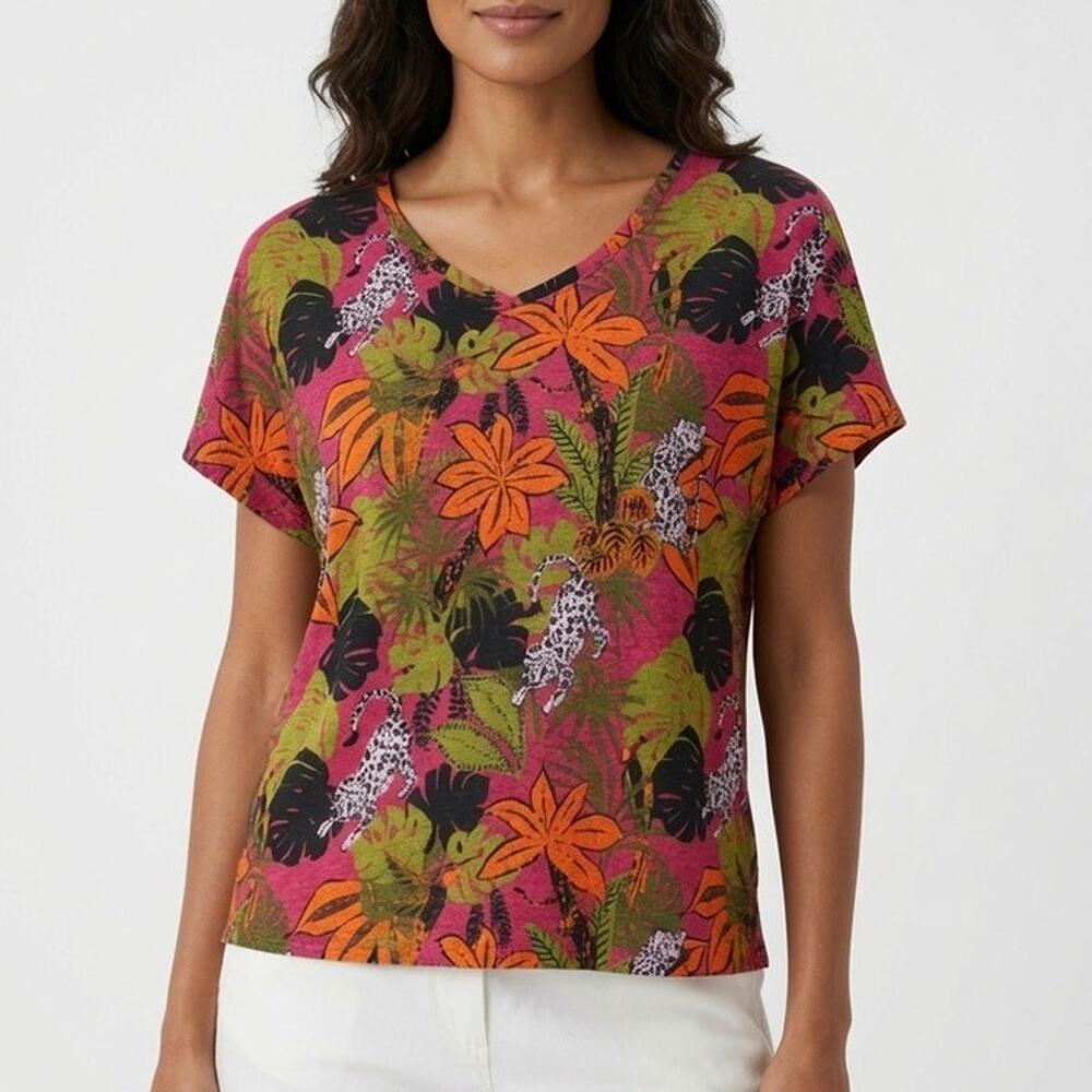 C&C California Blouse Womens Large Pink Linen Tropical Leopard Floral Dolman